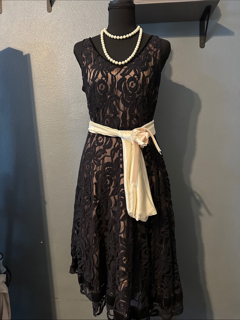 Tahari Black Lace Midi Dress with Cream Sash